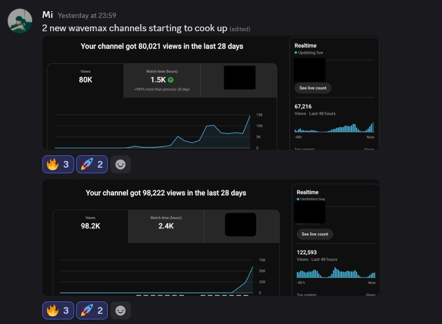 Mi's post with two channel analytics screenshots showing 80,021 and 98,222 views in the last 28 days.