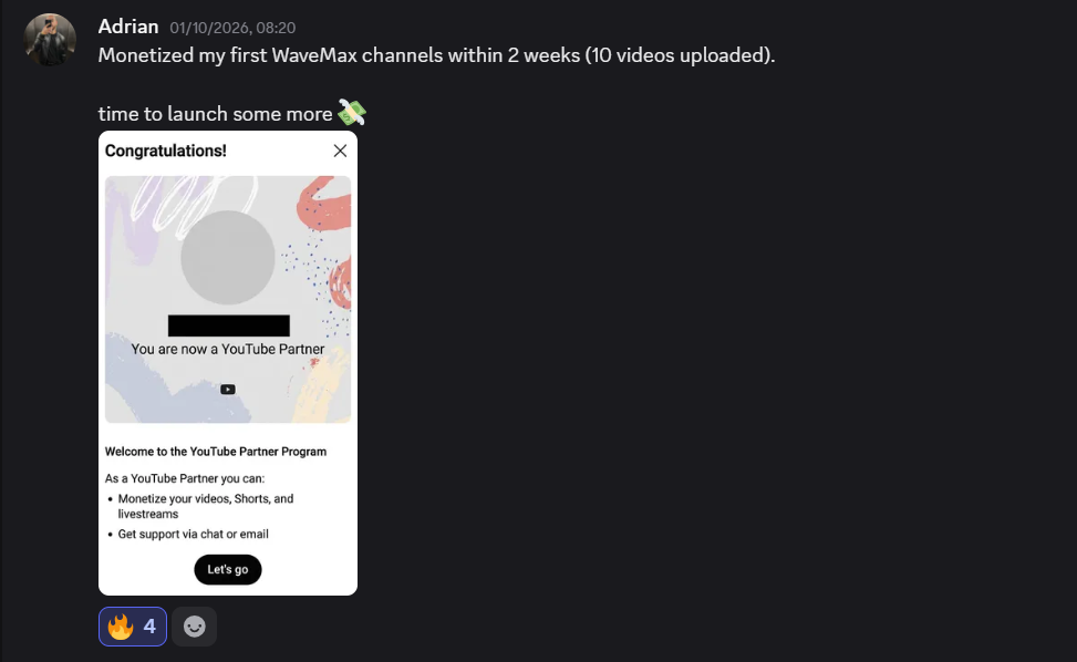 Adrian's community post reporting monetization within two weeks, with a YouTube Partner Program acceptance screenshot.