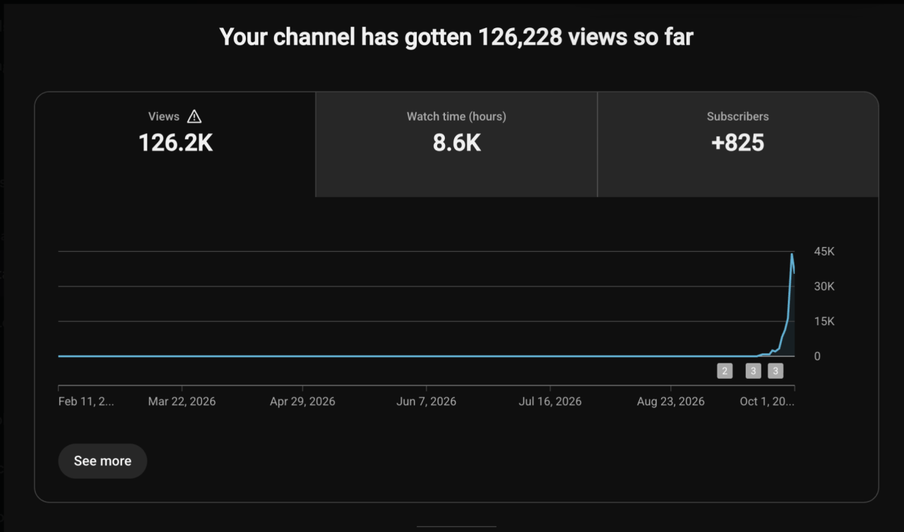 Channel analytics showing 126,228 total views, 8,600 watch hours and 825 new subscribers. The creator is not named in this screenshot.