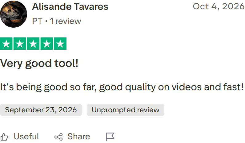 Trustpilot review by Alisande Tavares: It's being good so far, good quality on videos and fast!