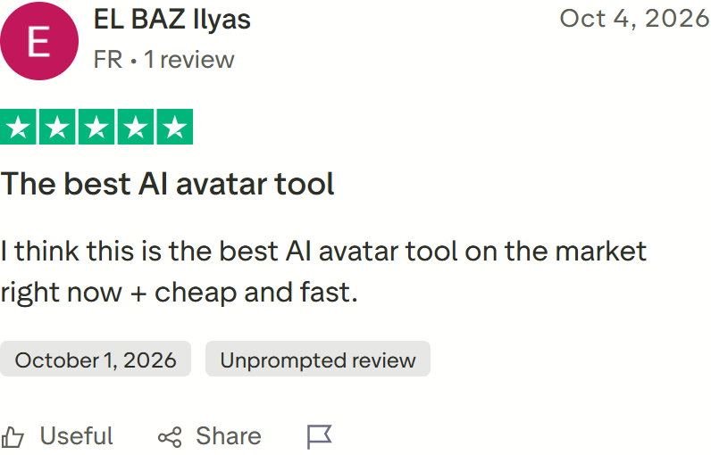 Trustpilot review by EL BAZ Ilyas: I think this is the best AI avatar tool on the market right now + cheap and fast.