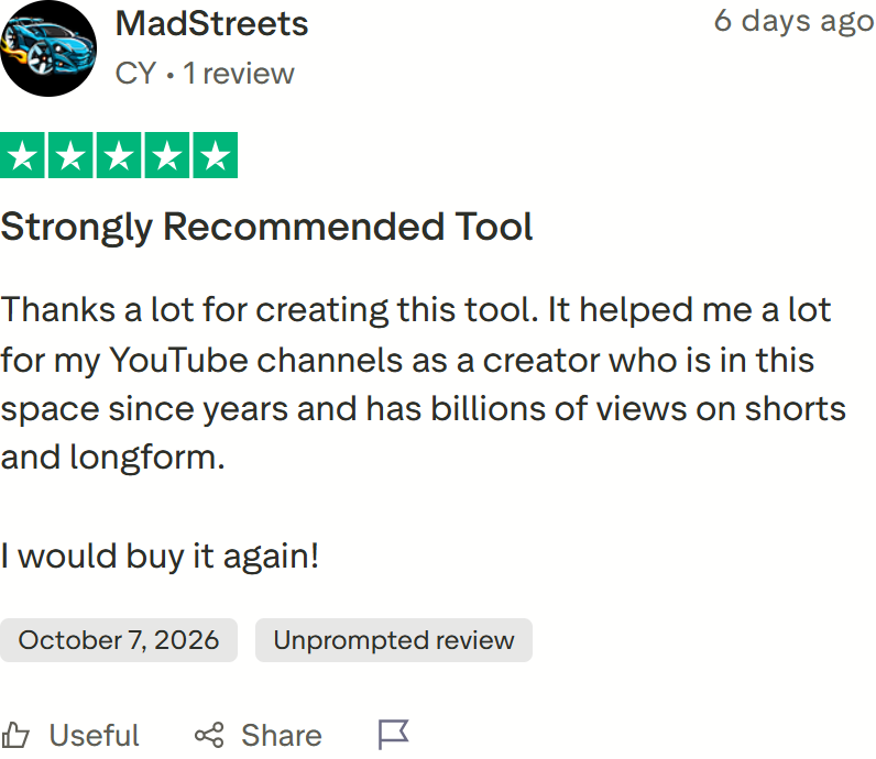 Trustpilot review by MadStreets: Thanks a lot for creating this tool.