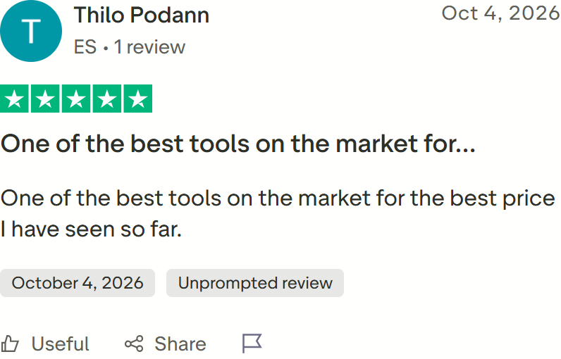 Trustpilot review by Thilo Podann: One of the best tools on the market for the best price I have seen so far.