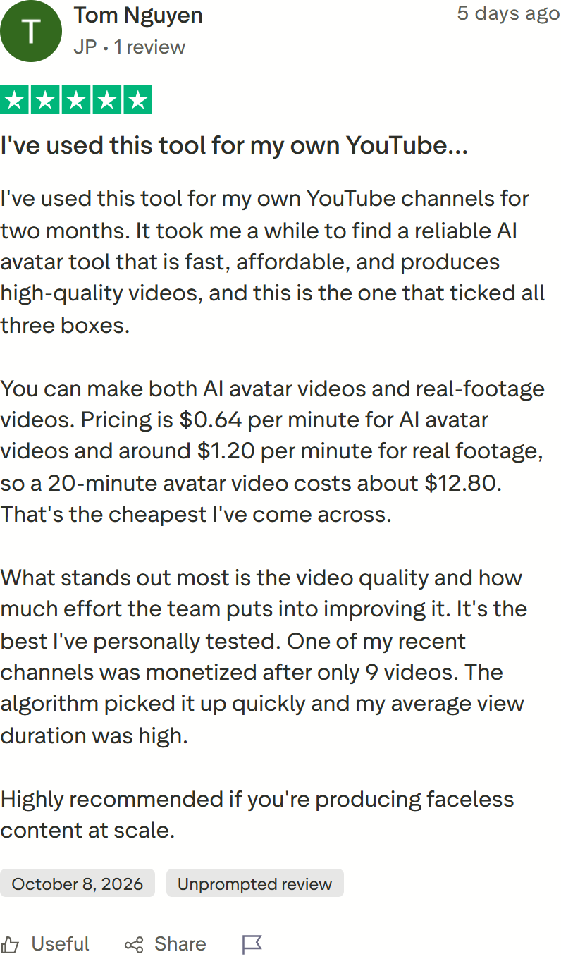 Trustpilot review by Tom Nguyen: What stands out most is the video quality and how much effort the team puts into improving it.