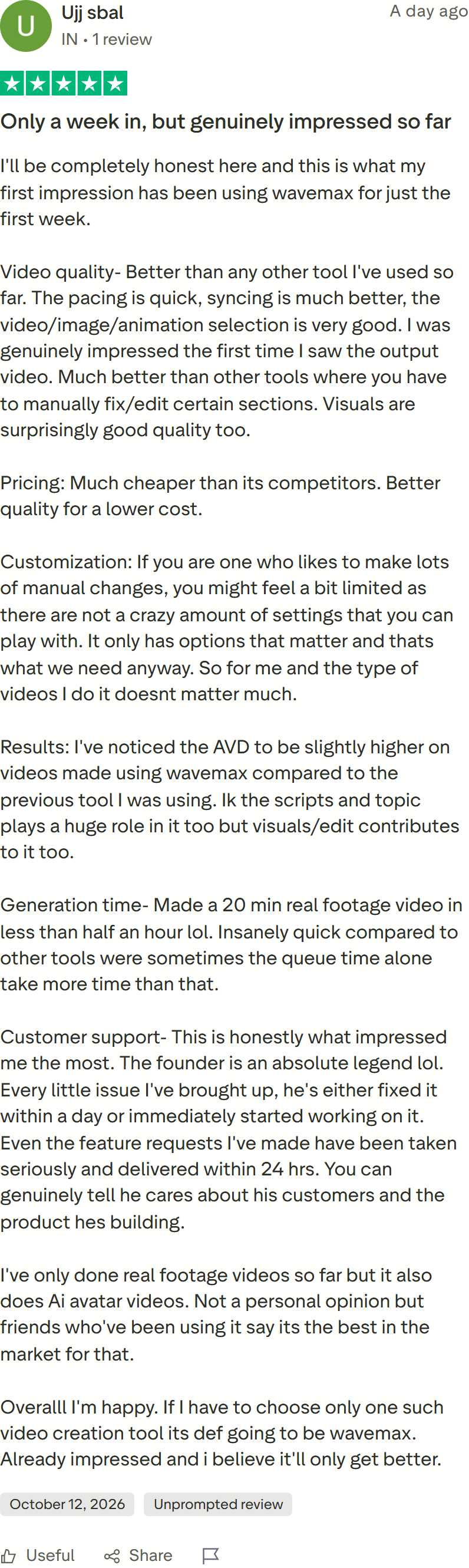 Trustpilot review by Ujj sbal: I was genuinely impressed the first time I saw the output video.